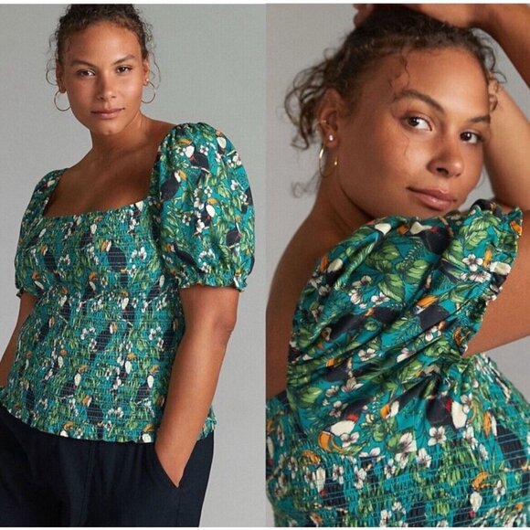 Dolan Womens Top Sz Small Green Toucan Tropical Floral Smocked Puff Sleeve Shirt - Picture 2 of 9